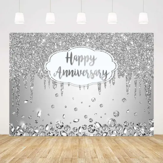 7x5ft Happy Anniversary Backdrop Silver Dripping Glitter Crystals {1}