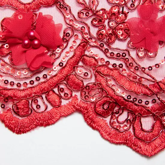 1 Yard Tulle Lace Fabric with 3D Embroidered Applique Design, 52&Prime; Wide Red {1}