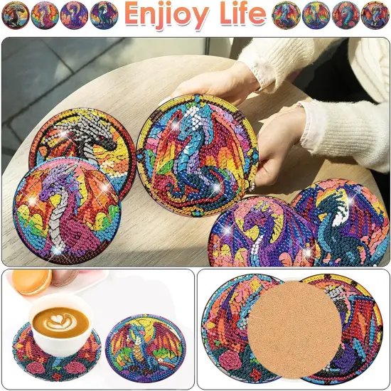 8 PCS Dragon Diamond Painting Coasters Kit (Cork Wooden Pad) {2}