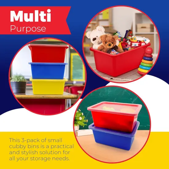 4E's Novelty Plastic Storage Bins with Lids, 5 Qt, 3 Pack, Colorful Plastic Cubby Storage Bins, Stackable Organizer Cubbies for Classroom or Home (11.4" x 7.75" x 5") {5}