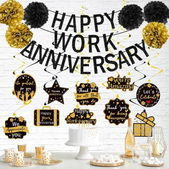 Happy Work Anniversary Decorations Black Gold, Happy Anniversary Banner {5}
