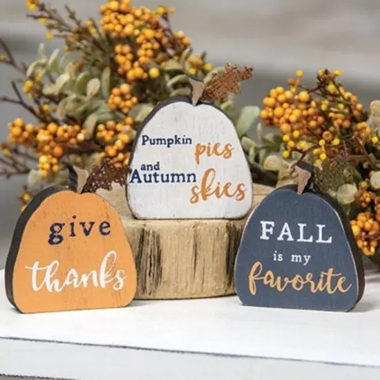 Set of 3 Fall Wooden Pumpkins with Burlap Leaf and Script Sayings {2}