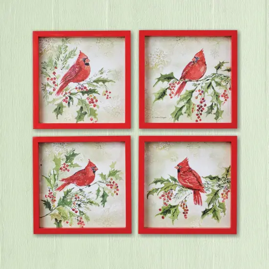 Collections Etc Cardinal Holly Red Wooden Framed Wall Art - Set of 4 {1}