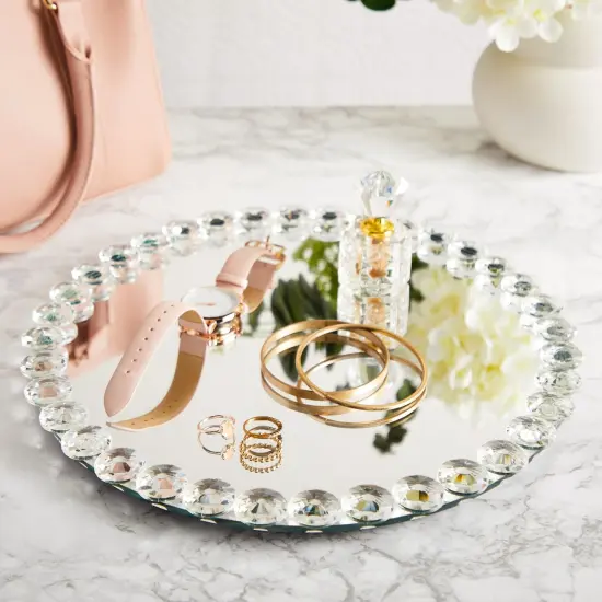 Okuna Outpost 12 in Crystal Bead Round Mirror Tray to Display Perfume, Jewelry, Candles, Bling Serving Tray for Bathroom, Living Room, Office, Vanity, Home Decor Silver {3}