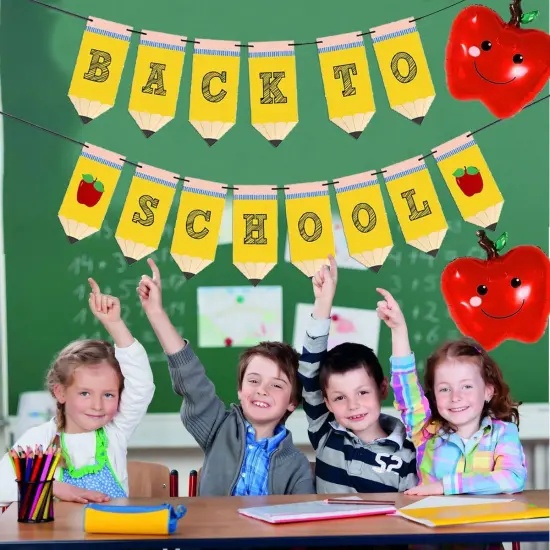 Pencil Back to School Banner Red Apples Balloons {2}