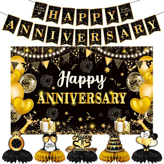Black and Gold Anniversary Decorations - Banner, Backdrop, Honeycomb Centerpiece {1}