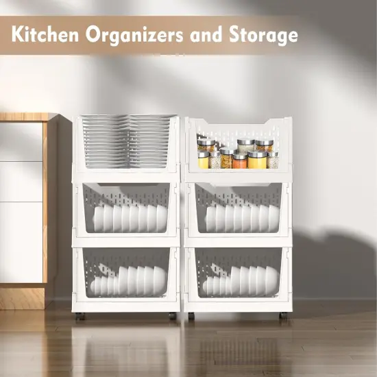 Stackable Plastic Storage Basket with Wheels - 3 Pack {2}