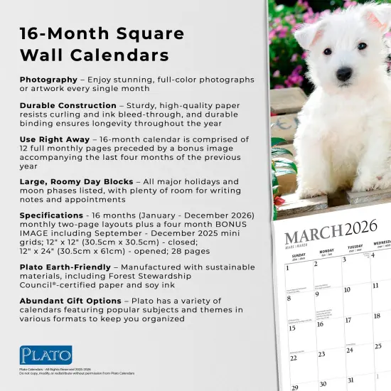 Puppy Pals | 2026 12 x 24 Inch (Hanging) Monthly Square Wall Calendar | Foil Stamped Cover {6}