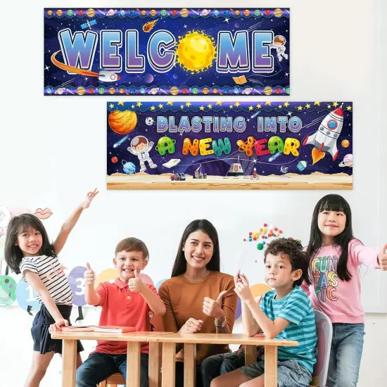 2 Pcs Classroom Welcome Banner Poster Outer Space Classroom Motivational Banner {4}