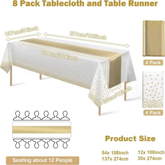 8Pack Disposable Plastic Tablecloths and Satin Table Runner Set {2}