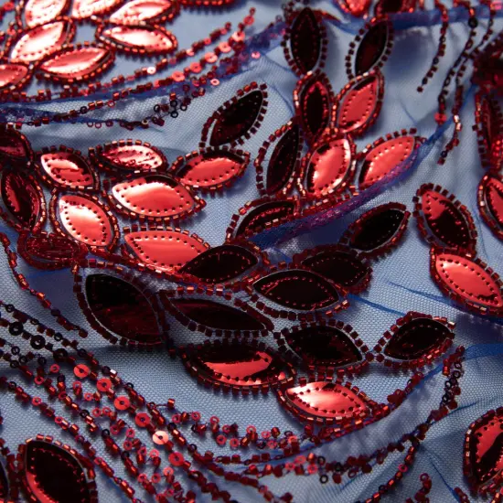 1 Yard Embroidered Tulle Lace Fabric with Sophisticated Pattern, 52&Prime; Wide Green/Red {3}