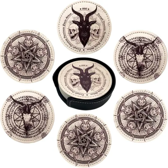 Satan Goat Skull Leather Coasters &ndash; Set of 6 with Holder for Coffee Table {2}