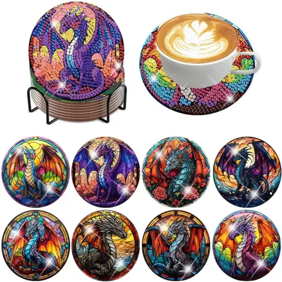 8 PCS Dragon Diamond Painting Coasters Kit (Cork Wooden Pad) {1}
