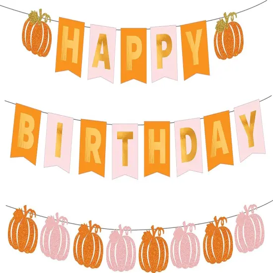 Pumpkin Happy Birthday Banner - Pink and Orange Garland for Girls or Kids {1}
