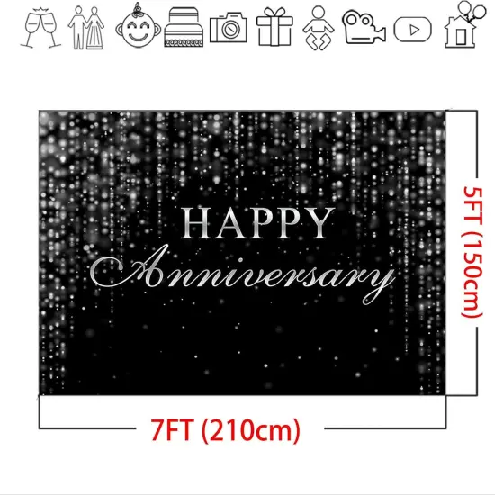Black Silver Happy Anniversary Backdrop 7x5ft Silver Glitter {5}