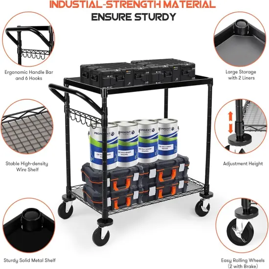 680Lbs Capacity Heavy Duty Rolling Utility Cart,2 Tier Rolling Carts with Wheels {3}