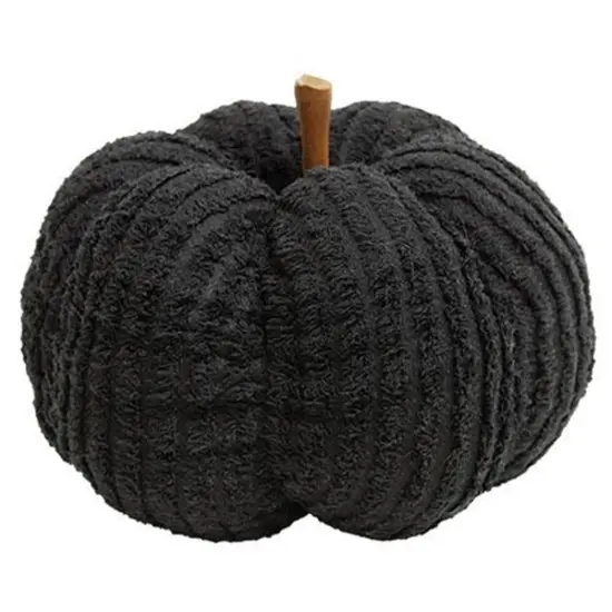 Black Chenille Plush Pumpkin with Ribbed Detailing and Stick Stem Soft Freestanding Decor {3}