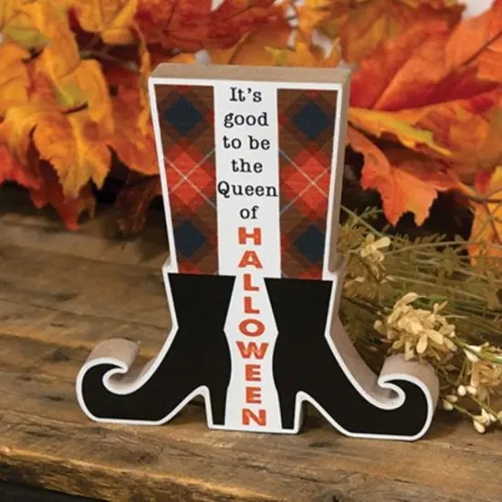 Queen of Halloween Wood Block Sign with Witch Boots {2}