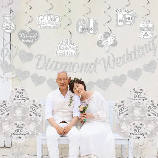 60th Diamond Wedding Anniversary Decorations, Glitter Banner, Cake Topper {3}