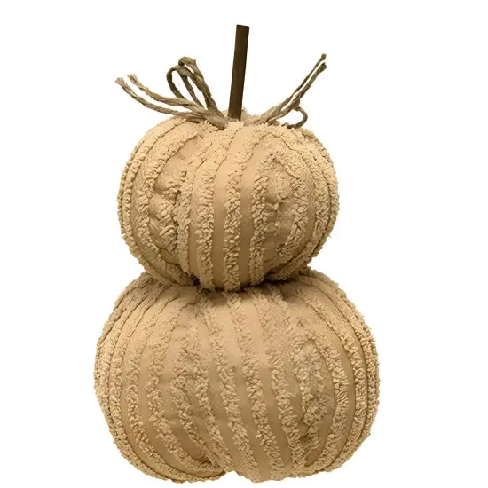 Cream Chenille Fabric Mini Pumpkin Stack with Stick Stem and Jute Bow {1}