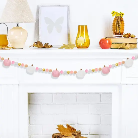 8.2Ft Fall Felt Garland 3D Pink White Pumpkin with Gold Bead Hanging Banner {4}