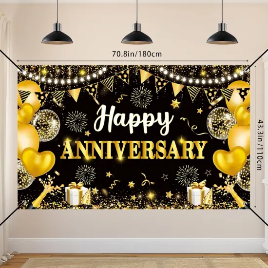 Black and Gold Anniversary Decorations - Banner, Backdrop, Honeycomb Centerpiece {2}