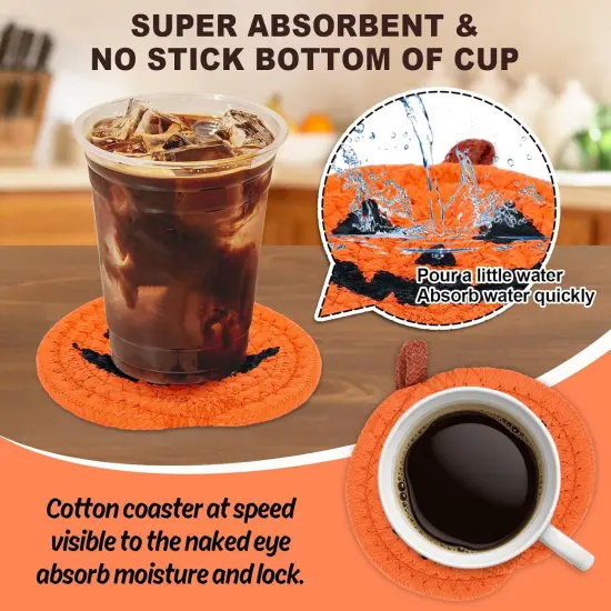 4Pcs Halloween Pumpkin Handmade Braided Cotton Coasters, 4.7 Inch {3}