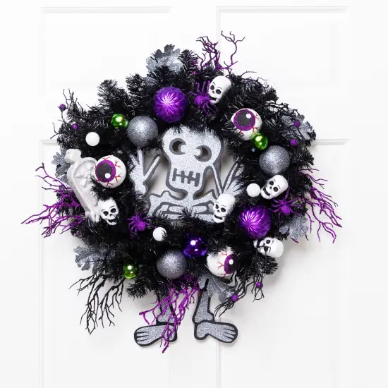 Northlight Purple and Black Spooky Skeleton Pine Halloween Wreath, 24-Inch, Unlit {1}