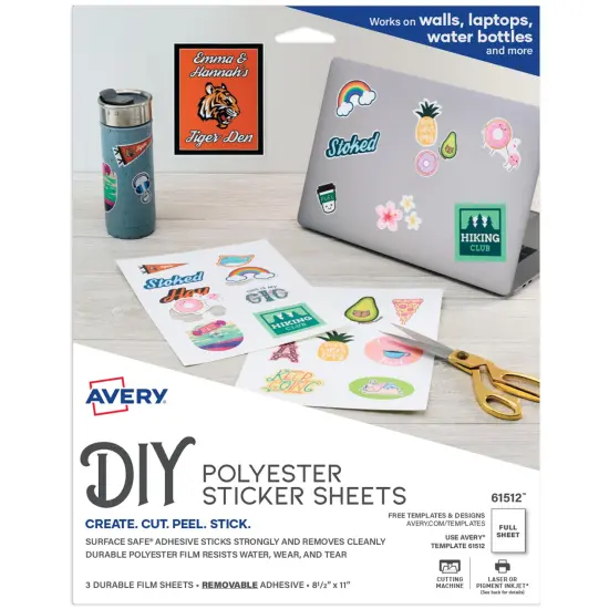 Avery Durable DIY Polyester Sticker Paper, 8.5" x 11", Removable Surface Safe Adhesive, Water-Resistant with Laser or Pigment-Inkjet Printers, 3 Full-Size Label Sheets (61512) {1}