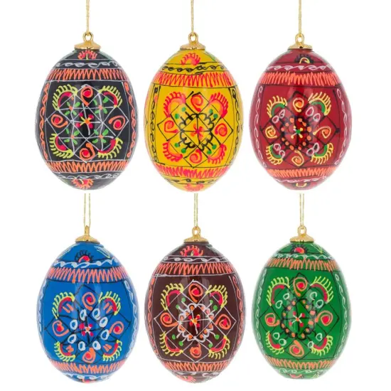 Set of 6 Ukrainian Geometric Wooden Pysanky Easter Eggs Ornaments {1}