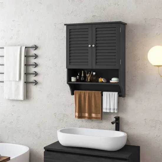 Wall-Mounted Bathroom Medicine Cabinet with Louver Doors and Towel Bar Black {1}