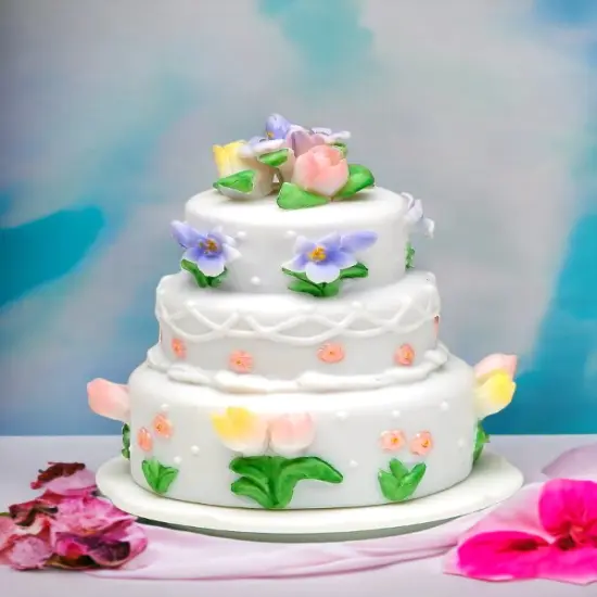 Ceramic Wedding Cake with Tulip Flowers Jewelry Box, Wedding D&eacute;cor or Gift, Anniversary D&eacute;cor or Gift, Home D&eacute;cor, Vanity Decor {2}