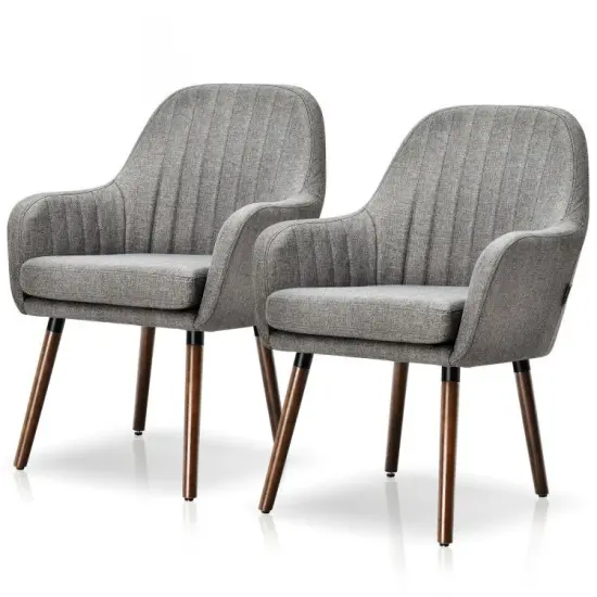 Set of 2 Retro Linen Accent Chairs with Rubber Wood Frame and Ergonomic Curved Backrest Off-White {5}