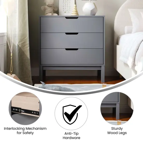 Emma and Oliver Samuel Kids Triple-Drawer Dresser with Solid Wood Frame, Chest of Drawers for Kids Bedroom Gray {3}