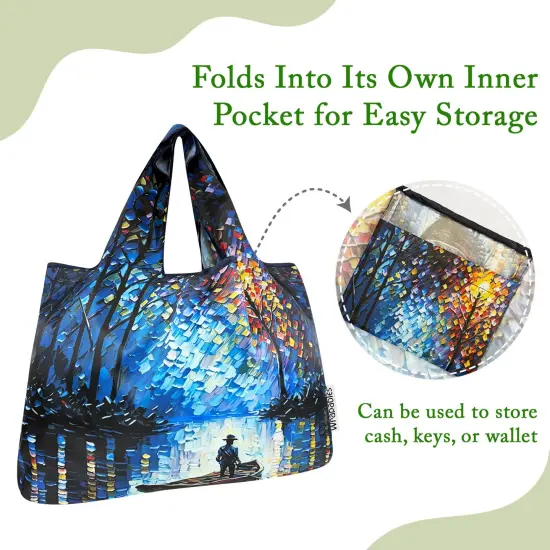 Wrapables Large Foldable Oil Painting Nylon Reusable Grocery Bag, Serene Rowboat {3}