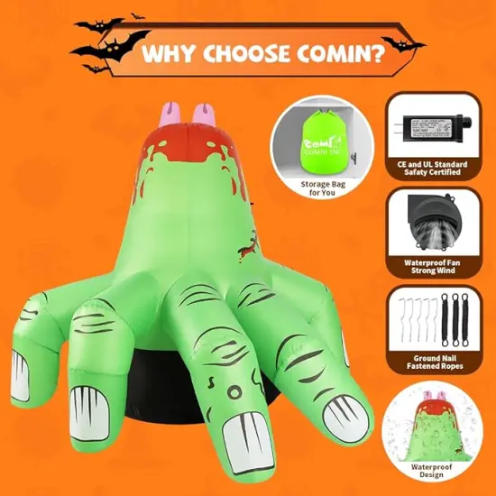 GOOSH 6 FT Halloween Inflatables Hand Blow Up Yard Scary Green Giant with Built-in LEDs {6}