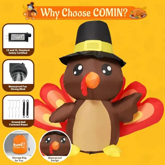 GOOSH 4FT Tall Thanksgiving Inflatables Turkey Baby in Hat with Built-in LEDs {6}