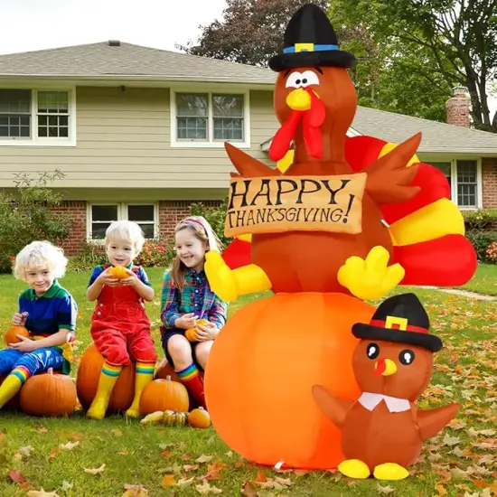 GOOSH 6 FT Thanksgiving Inflatables Turkey Blow Up Yard Turkey on Pumpkin with Turkey Baby with Built-in LEDs {4}