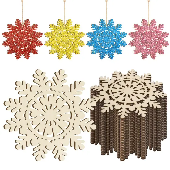 Wooden Christmas Snowflake Ornaments to Paint Christmas Winter Decoration Cutouts Unfinished 24PCS 3.5 inches, DIY Blank Unfinished Christmas Tree Ornament for Home Snowflakes Crafts Hanging {1}