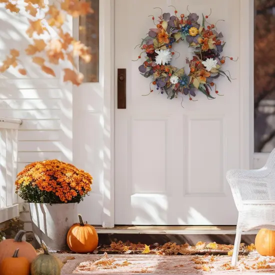Autumn Wreath with Pumpkins, Silk Leaves & Purple Flowers Autumn - Fall Wreath {4}