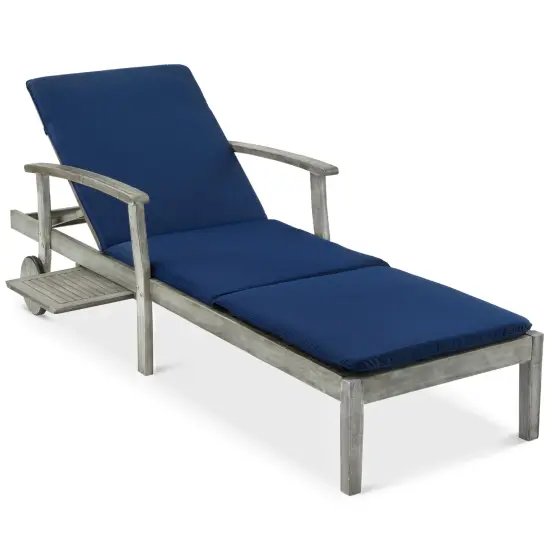 Best Choice Products 79x26in Acacia Wood Outdoor Chaise Lounge Chair w/ Adjustable Backrest, Table, Wheels Navy Blue {7}