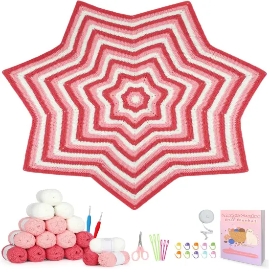 Crochet Granny Square Star Blanket Kits w/Step-by-Step Video Tutorials-Complete Beginner Crocheting Kit for Adults Kids-Easy {1}