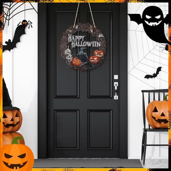 13 Inch Happy Halloween Sign Crow Pumpkin {2}