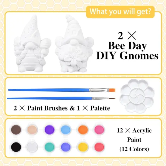 2 Sets Ready to Paint Your Own Bee Gnome Statues DIY Ceramics Bee Gnomes Set Sunflower Garden {5}