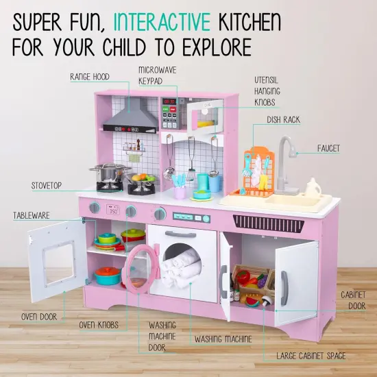Lil' Jumbl Wooden Pretend Play Kitchen Set for Kids with Washer, Dryer, Sink, and Interactive Features Pink {3}