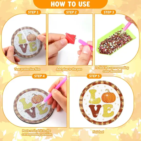 8 Pcs Fall Diamond Art Kits Thanksgiving Diamond Coasters {3}