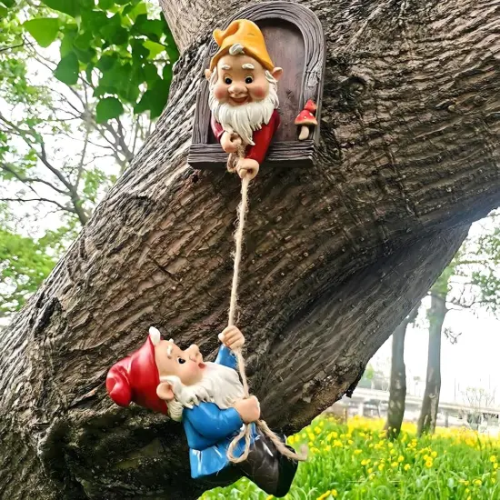 Climbing Gnomes Tree Faces Decor, Adorable Gnome Tree Hugger Fairy Garden Statue {6}