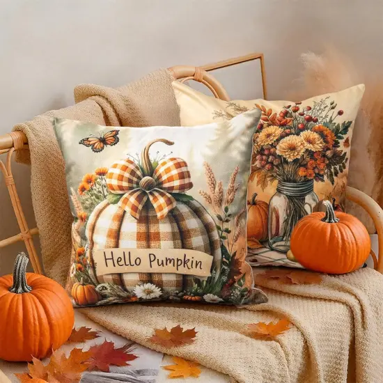 Hello Plaid Pumpkin Fall Throw Pillow Covers {3}