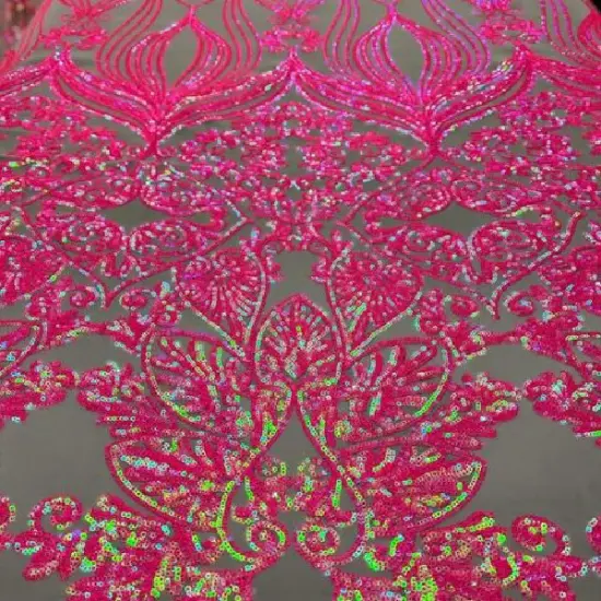 1 Yard Nude Hot Pink Damask Mesh Lace Iridescent Embroidered Fabric 48&ndash;50" Wide Bridal & Gown Use {1}