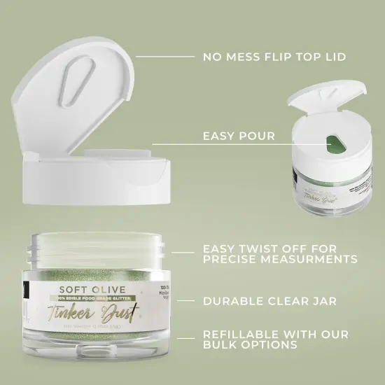 Bakell - Soft Olive Green Tinker Dust Edible Glitter (5g, 1x Jar) for Food, Desserts, and Beverages! {5}